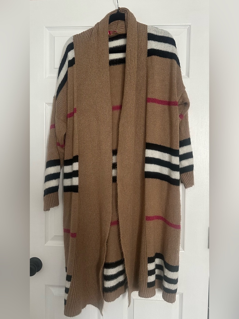 Women's Tan Stripe Open-Front Long Cardigan Sweater - Made in Italy - one size